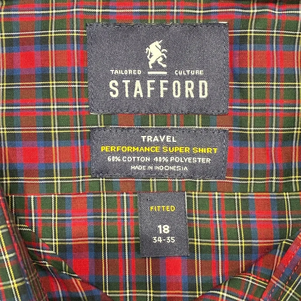 Stafford Performance Super‎ Fitted Dress Shirt Mens 18 Red Multi-colored Plaid